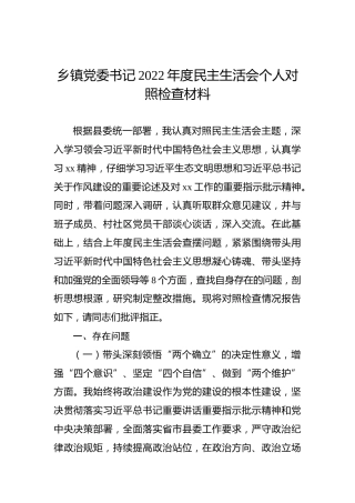 乡镇党委书记2022年度民主生活会个人对照检查材料