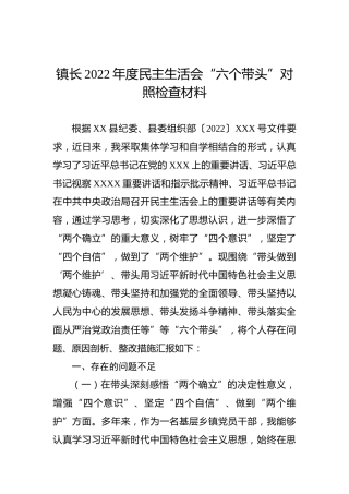 镇长2022年度民主生活会“六个带头”对照检查材料