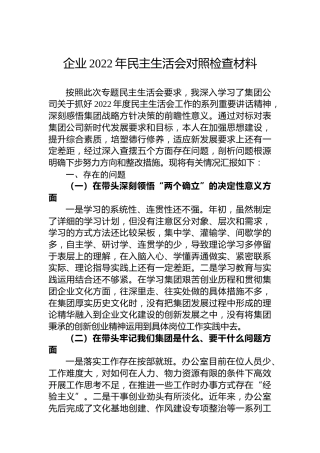 企业2022年民主生活会对照检查材料