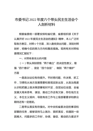 市委书记2022年度六个带头民主生活会个人剖析材料