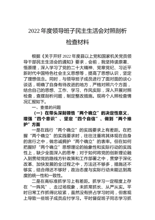 2022年度领导班子民主生活会对照剖析检查材料
