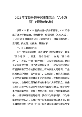 2022年度领导班子民主生活会“六个方面”对照检查材料