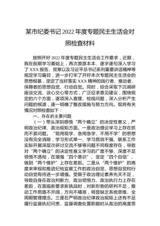某市纪委书记2022年度专题民主生活会对照检查材料