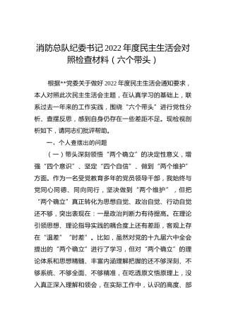 消防总队纪委书记2022年度民主生活会对照检查材料（六个带头）
