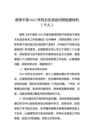 领导干部2022年民主生活会对照检查材料（个人）