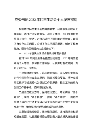 党委书记2022年民主生活会个人发言提纲