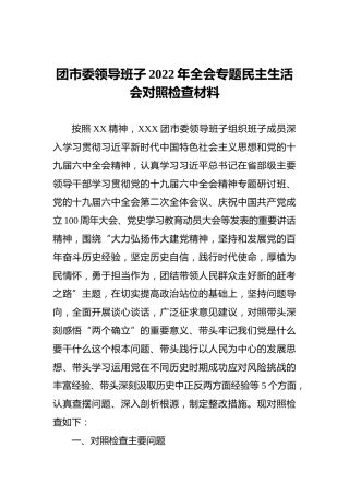 团市委领导班子2022年全会专题民主生活会对照检查材料