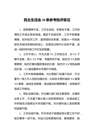 民主生活会20条参考批评意见