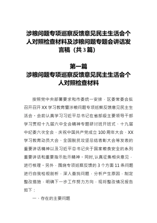 涉粮问题专项巡察反馈意见民主生活会个人对照检查材料及涉粮问题专题会讲话发言稿（共3篇）