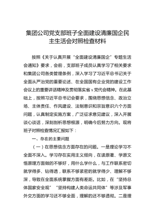 集团公司党支部班子全面建设清廉国企民主生活会对照检查材料