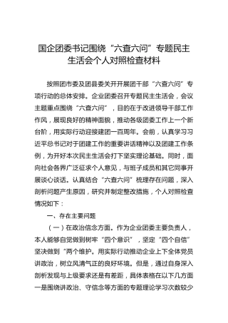 国企团委书记围绕“六查六问”专题民主生活会个人对照检查材料