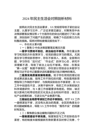 2024年民主生活会对照剖析材料