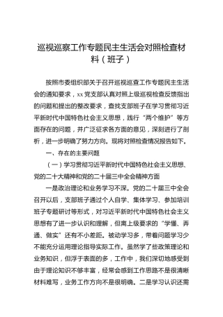 2024年巡视巡察工作专题民主生活会对照检查材料（班子）