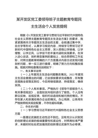 某开发区党工委领导班子主题教育专题民主生活会个人发言提纲