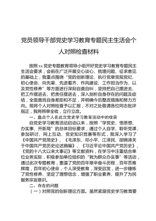 党员领导干部党史学习教育专题民主生活会个人对照检查材料