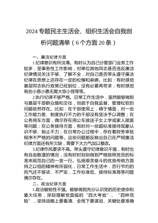 2024专题民主生活会、组织生活会自我剖析问题清单（6个方面20条）