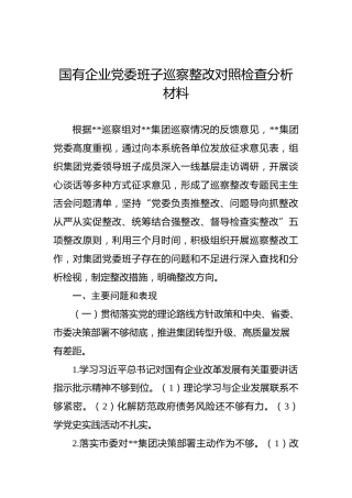 国有企业党委班子巡察整改对照检查分析材料