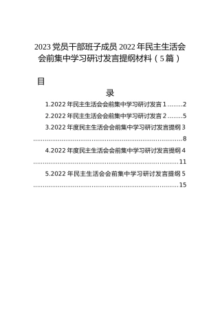 2023党员干部班子成员2022年民主生活会会前集中学习研讨发言提纲材料（5篇）