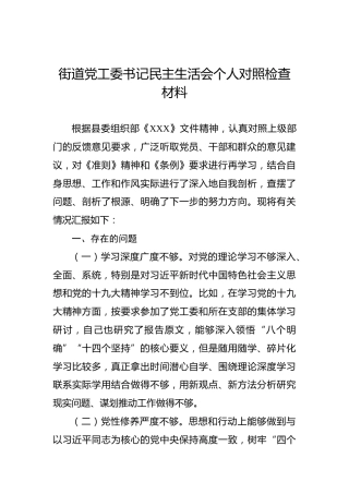 【计划总结】街道党工委书记民主生活会个人对照检查材料