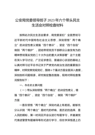 公安局党委领导班子2023年六个带头民主生活会对照检查材料