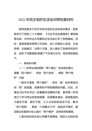 2022年民主组织生活会对照检查材料