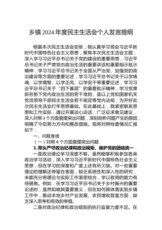 乡镇2024年度民主生活会个人发言提纲