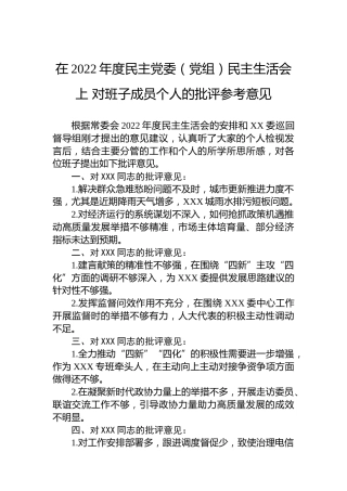 在2022年度民主党委（党组）民主生活会上对班子成员个人的批评参考意见