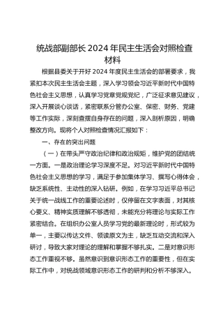 统战部副部长2024年民主生活会对照检查材料