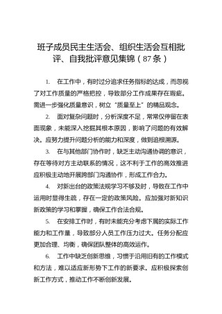 班子成员民主生活会、组织生活会互相批评、自我批评意见集锦（87条）