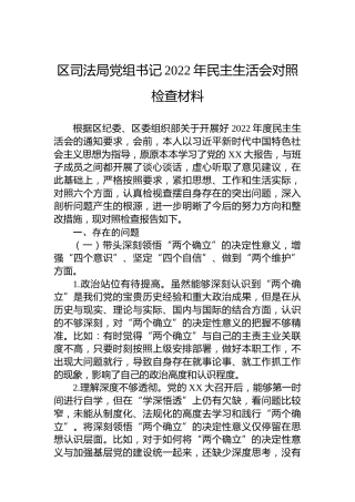 区司法局党组书记2022年民主生活会对照检查材料