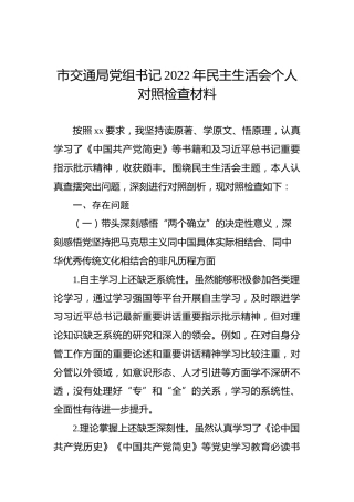 市交通局党组书记2022年民主生活会个人对照检查材料