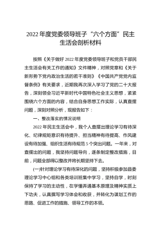 2022年度党委领导班子“六个方面”民主生活会剖析材料