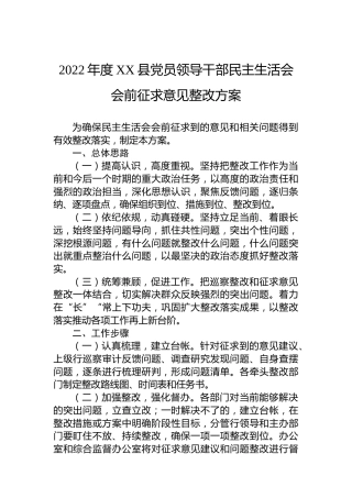 2022年度XX县党员领导干部民主生活会会前征求意见整改方案