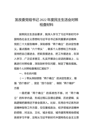 发改委党组书记2022年度民主生活会对照检查材料