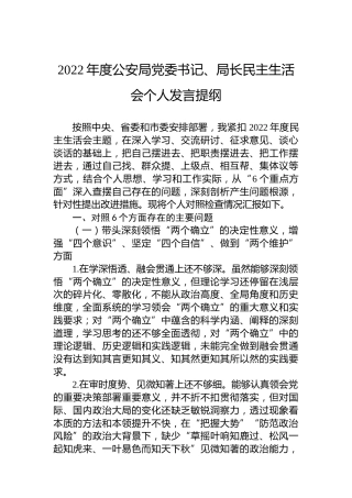 2022年度公安局党委书记、局长民主生活会个人发言提纲