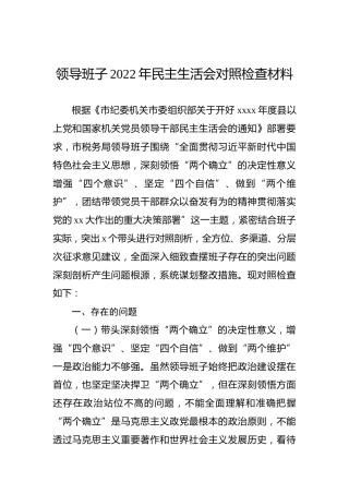领导班子2022年民主生活会对照检查材料
