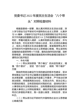 党委书记2022年度民主生活会“八个带头”对照检查材料