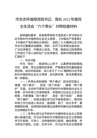 市生态环境局党组书记、局长2022年度民主生活会“六个带头”对照检查材料