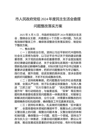 市人民政府党组2024年度民主生活会查摆问题整改落实方案