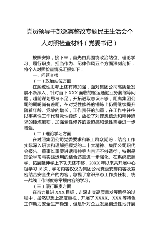 党员领导干部巡察整改专题民主生活会个人对照检查材料（党委书记）