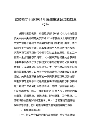 党员领导干部2024年民主生活会对照检查材料