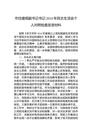 市住建局副书记书记2024年民主生活会个人对照检查发言材料