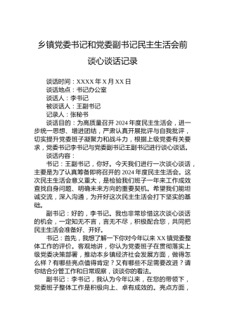 乡镇党委书记和党委副书记民主生活会前谈心谈话记录