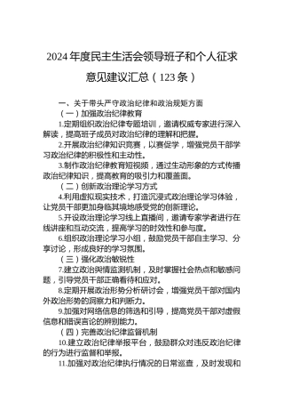 2024年度民主生活会领导班子和个人征求意见建议汇总（123条）