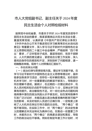市人大党组副书记、副主任关于2024年度民主生活会个人对照检视材料