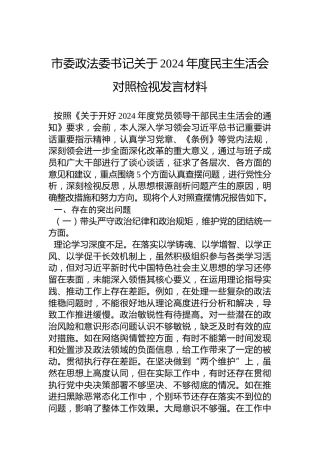 市委政法委书记关于2024年度民主生活会对照检视发言材料