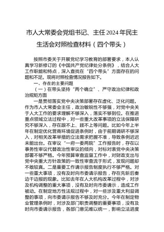 市人大常委会党组书记、主任2024年民主生活会对照检查材料
