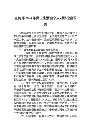 宣传部2024年民主生活会个人对照检查发言