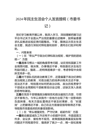 2024年民主生活会个人发言提纲（市委书记）