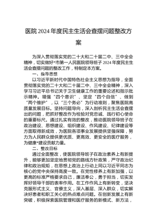 医院2024年度民主生活会查摆问题整改方案
